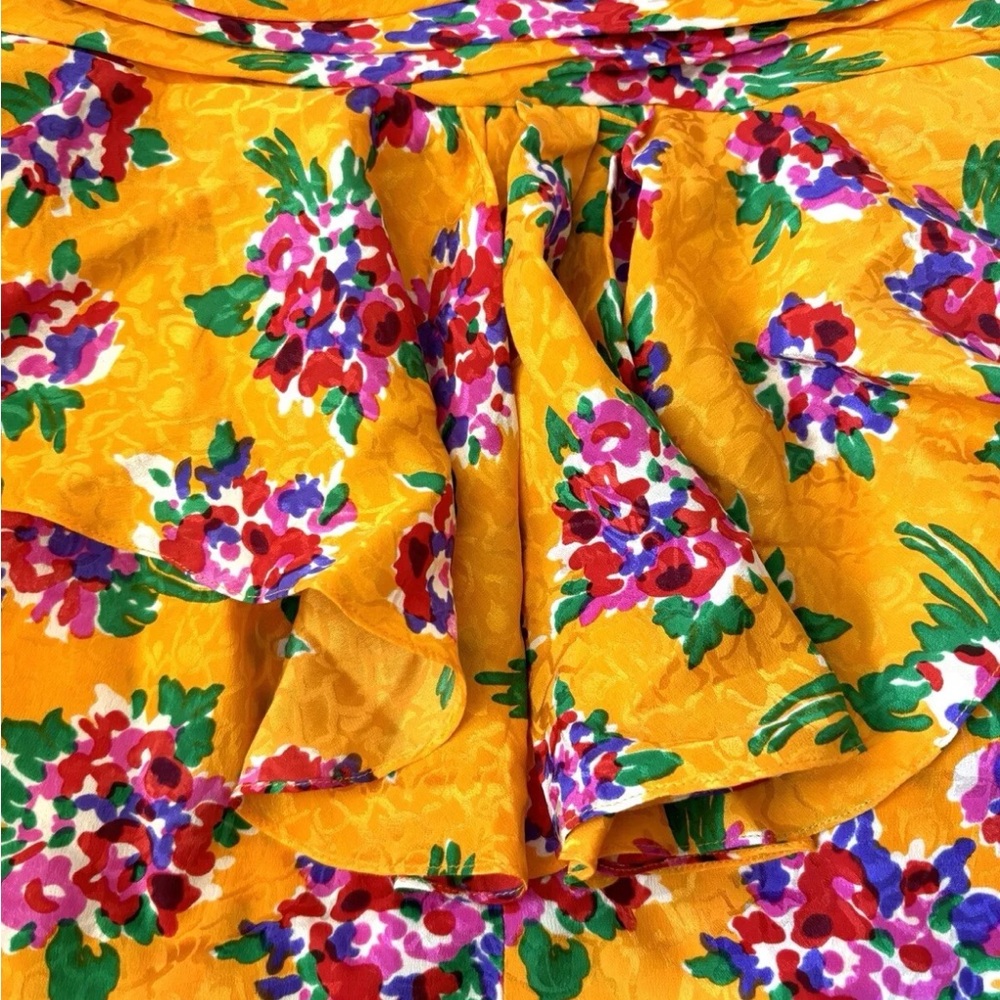 Vintage 80's Argenti Yellow Floral‎ Silk Peplum Pencil Dress S - Picture 6 of 8